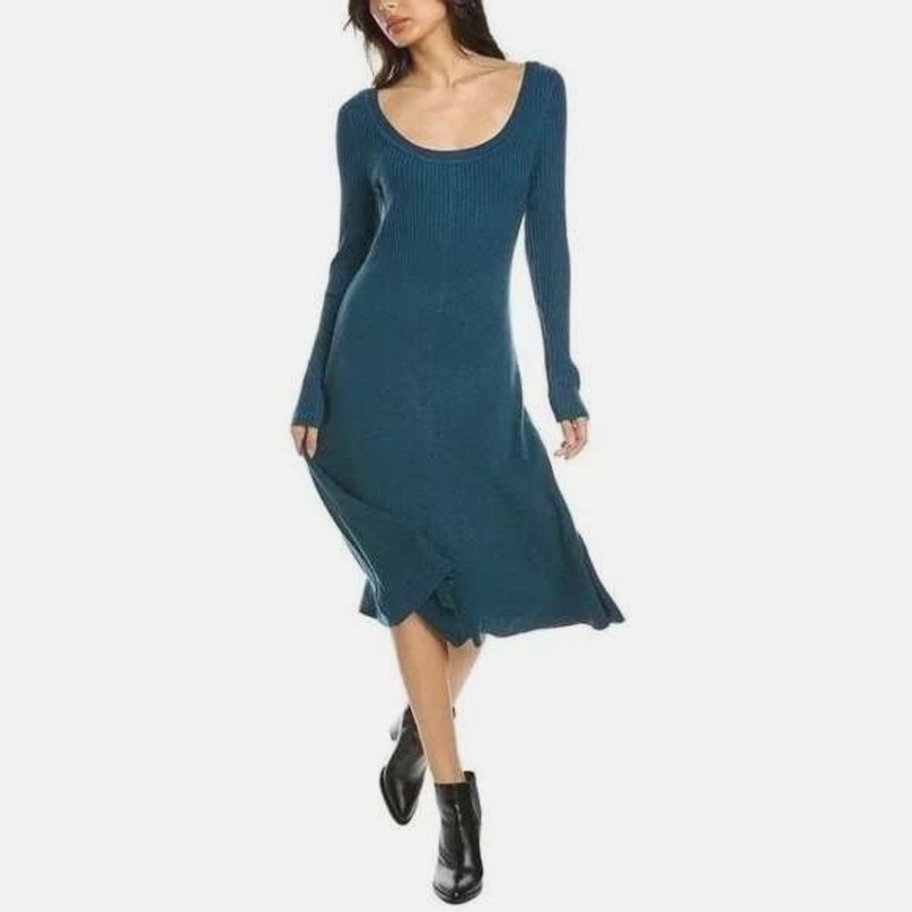 Modern Citizen Sherine Teal Ribbed‎ Knit Dress Scoop Neck Skater Flare Midi